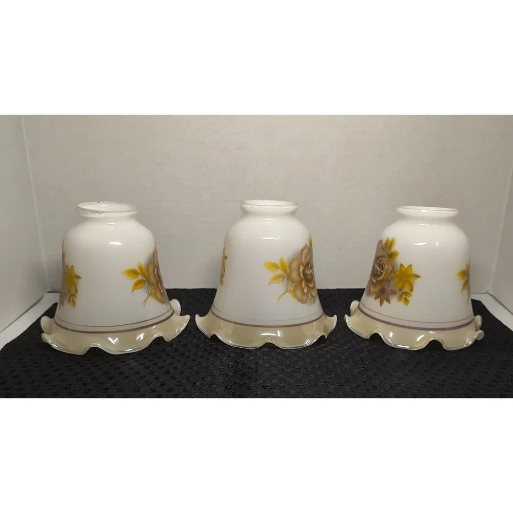 3 Chandelier Lustre Milk Glass‎ Replacement Lamp Shade Tan Brown Rose Floral